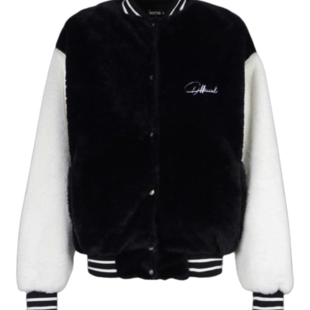 Faux Fur Colorblock Varsity Bomber Jacket (US Size 10) (Black /White)